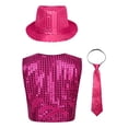 thumbnail image 2 of Alvivi Boys Sequins Waistcoat Hip-Hop Street Dance Stage Performance Vest Jacket with Hat Necktie Rose Red 8-9, 2 of 5