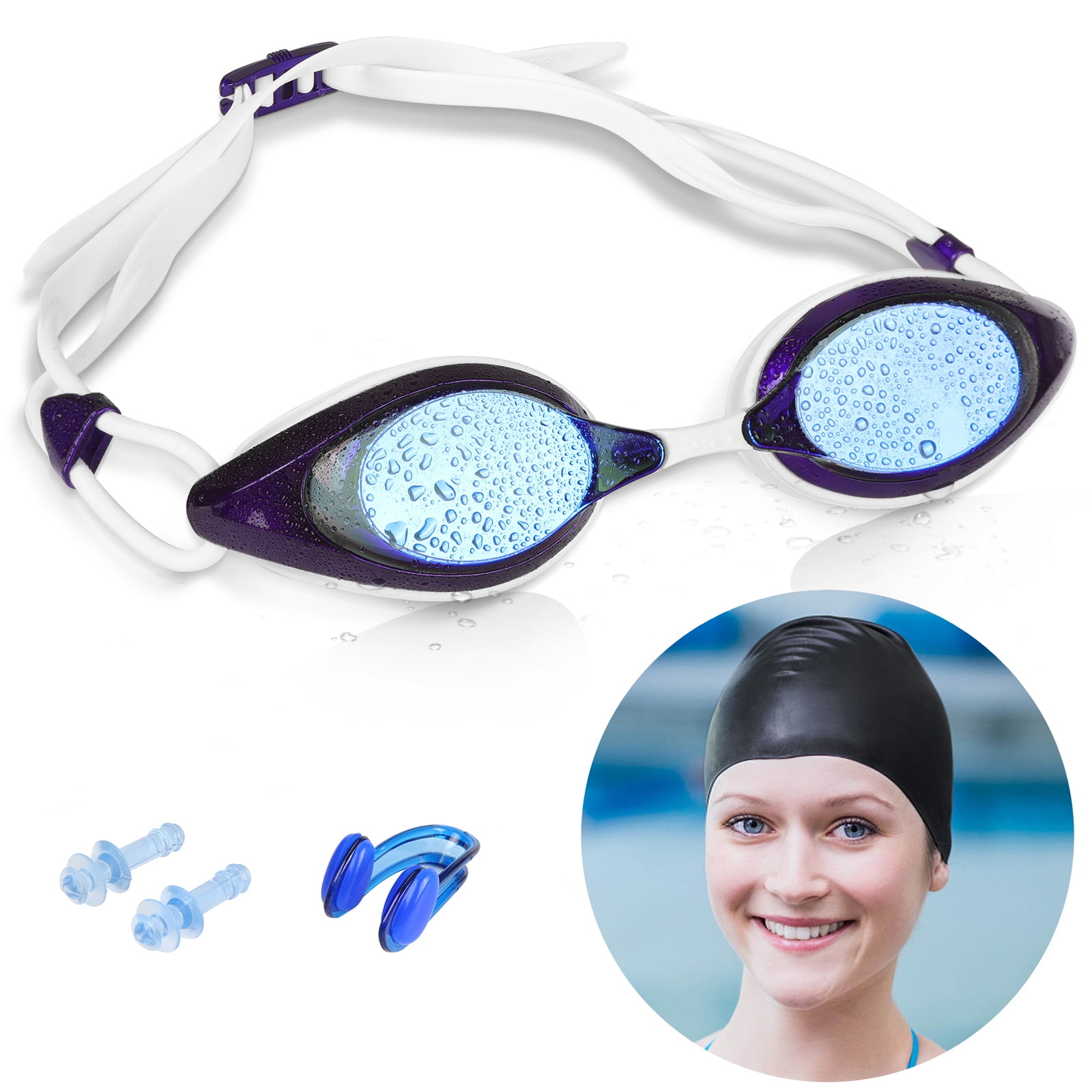 Women Swimming Goggles Hat Nose Clip Earplug UV Protection Anti Fog Swim Set 