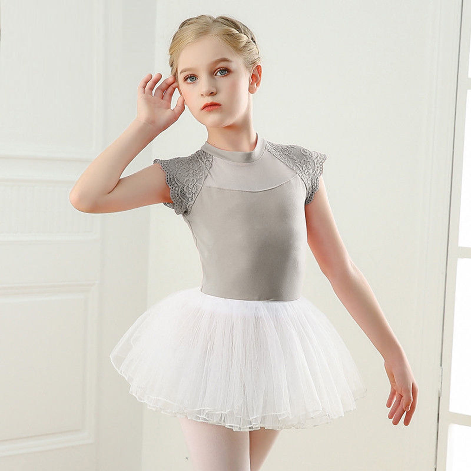 Girls Summer Outfits Ballet Dance Dress Lace Short Sleeve
