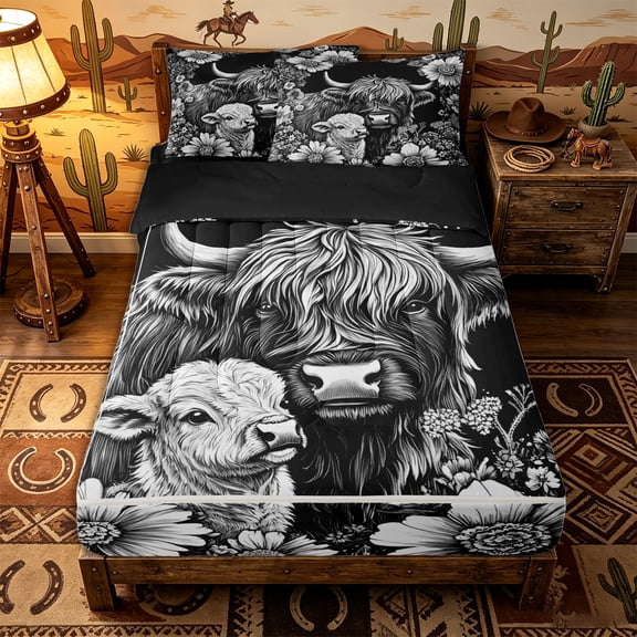 Erosebridal Farm Boho Zipper Twin Comforter Sets with Fitted Sheet and 2 Pillowcases,Highland Cow Pattern Zipper Bedding Set,Black White,Black Reversible