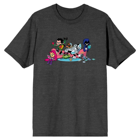 Teen Titans Go To The Movies Titans On Pink Sofa Men's Charcoal Heather T-shirt-XL