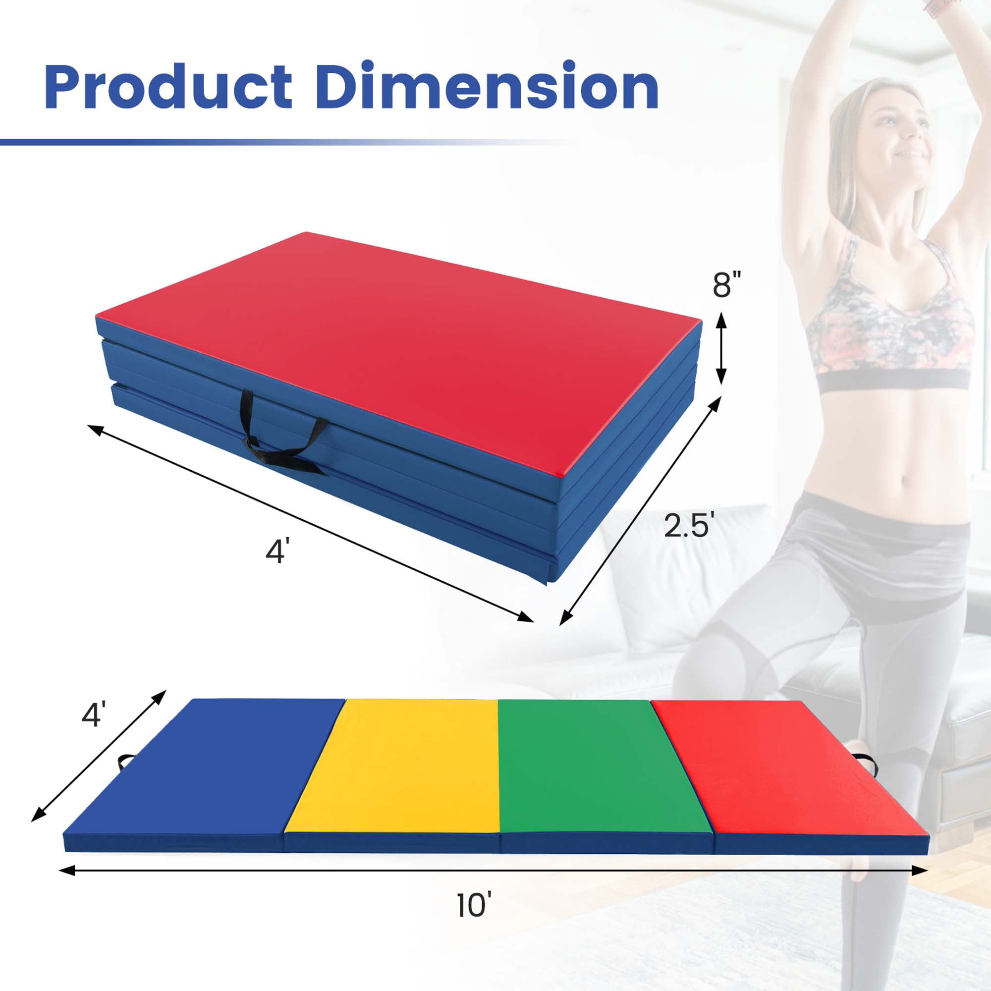 Costway 10' x 4' x 2" 4-Panel Folding Exercise Mat with Carrying Handles for Gym Yoga Colorful