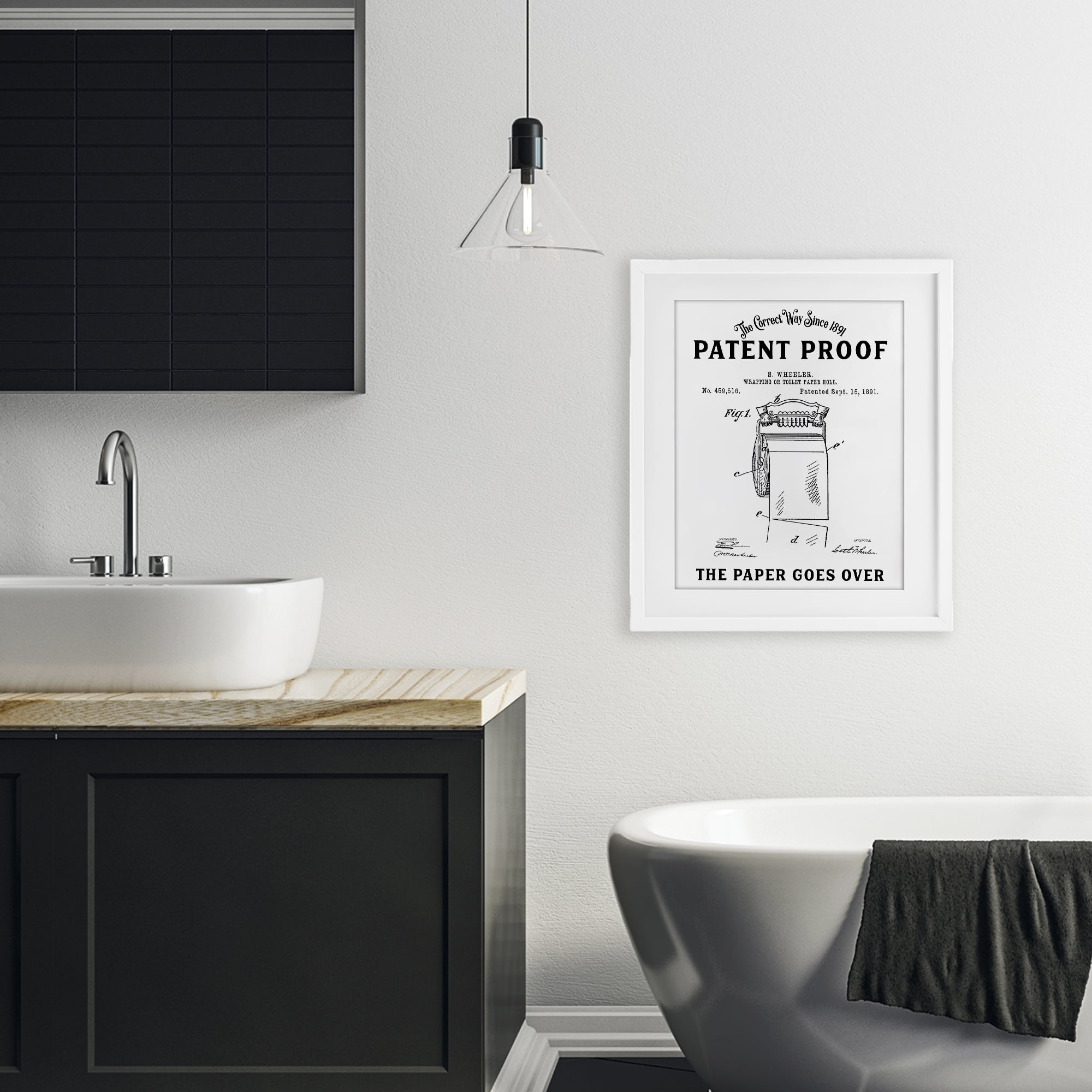 Toilet Paper Goes Over White Framed Print Under Glass, design by Lettered and Lined