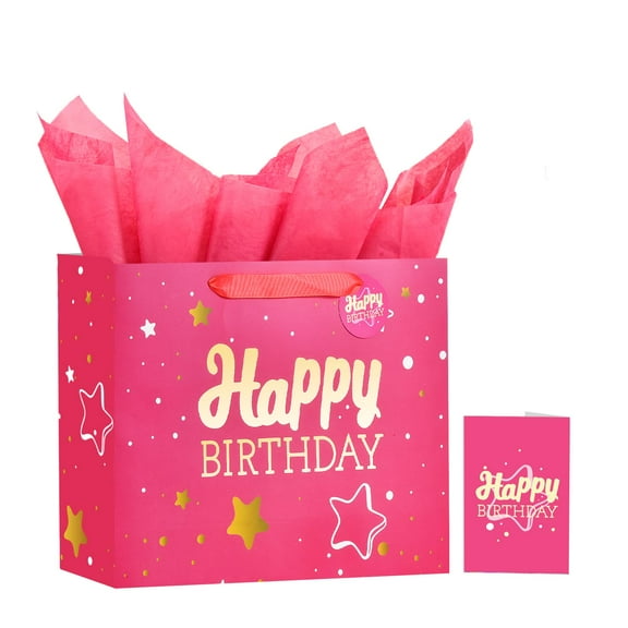Pink Happy Birthday Gift Bag with Tissue Paper and Greeting Card for Birthday,Party,Happy Bithday Gift Bag for Men Women Birthday，13" Gift Bags Medium size(1-PCS Pink Hot Stamping, Happy Birthday)