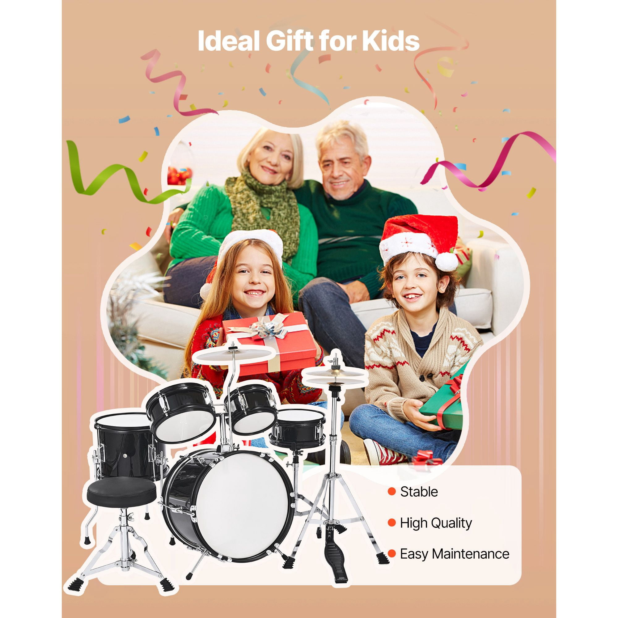 Kids Drum Set, 5-Piece 14 in Junior Drum Sets, Beginner Drums Set with Adjustable Throne, Cymbal & Two Pairs of Drumsticks, Musical Learning Drums Instruments Kit, for Children Ages 6-13 (Black)