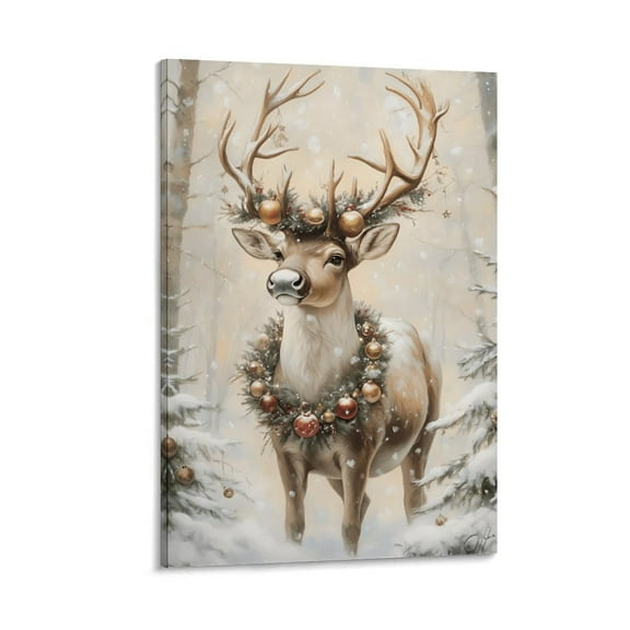 Framed Christmas Deer Wall Art Canvas - Natural Deer in The Snow Winter Wall Decorations,Christmas Holiday Decor for Home and Office