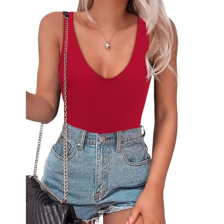 Women s Bodysuit Sexy Plunge Deep V Neck Backless Sleeveless Tank Thong Body Suits Outfits for Going Out White L T