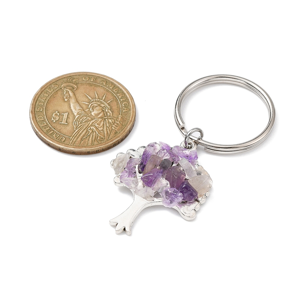 5sets Amethyst Chip & Alloy Tree of Life Keychain with Iron Split Key Rings 5.9~6.8cm