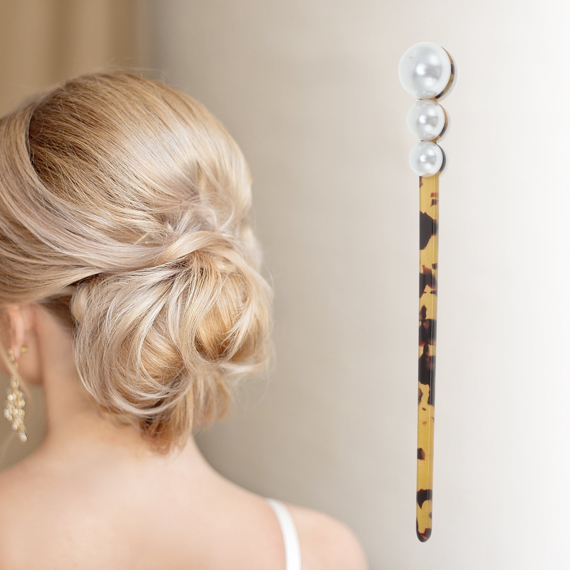 Unique Bargains Leopard Faux Pearl Hair Chopstick for Women White Black 1 Pc