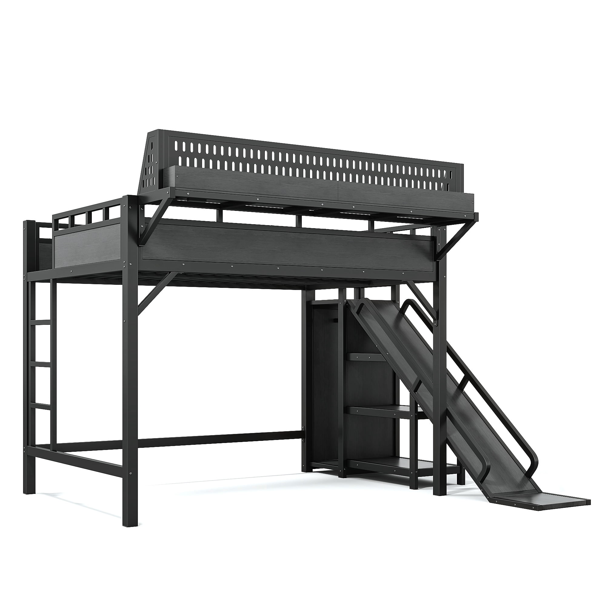 Aukfa Full Size Metal Loft Bed with Slide, Shelves, Wardrobe, USB Ports & LED Lights, Space-Saving Bed Frame for Kids Teens Adults, Black