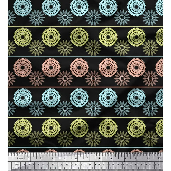 Soimoi Black Cotton Duck Fabric Stripe & Mandala Print Fabric by the Yard 42 Inch Wide