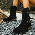 thumbnail image 4 of Suede Riding Boots for Women Round Toe Pull on Wide Calf Cowboy Boots Stacked Heel Mid Calf Booties, 4 of 7