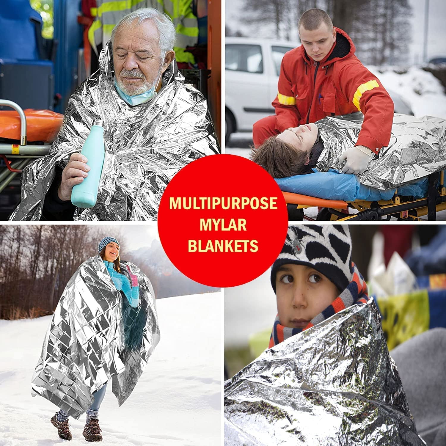 Mylar Blankets Bulk 52x84 100 Pack Emergency Foil Blankets for Warmth, Camping, Runners, Spa, First Responders | Mylar Emergency Thermal Blankets for Survival, Thick Reusable Space Blankets