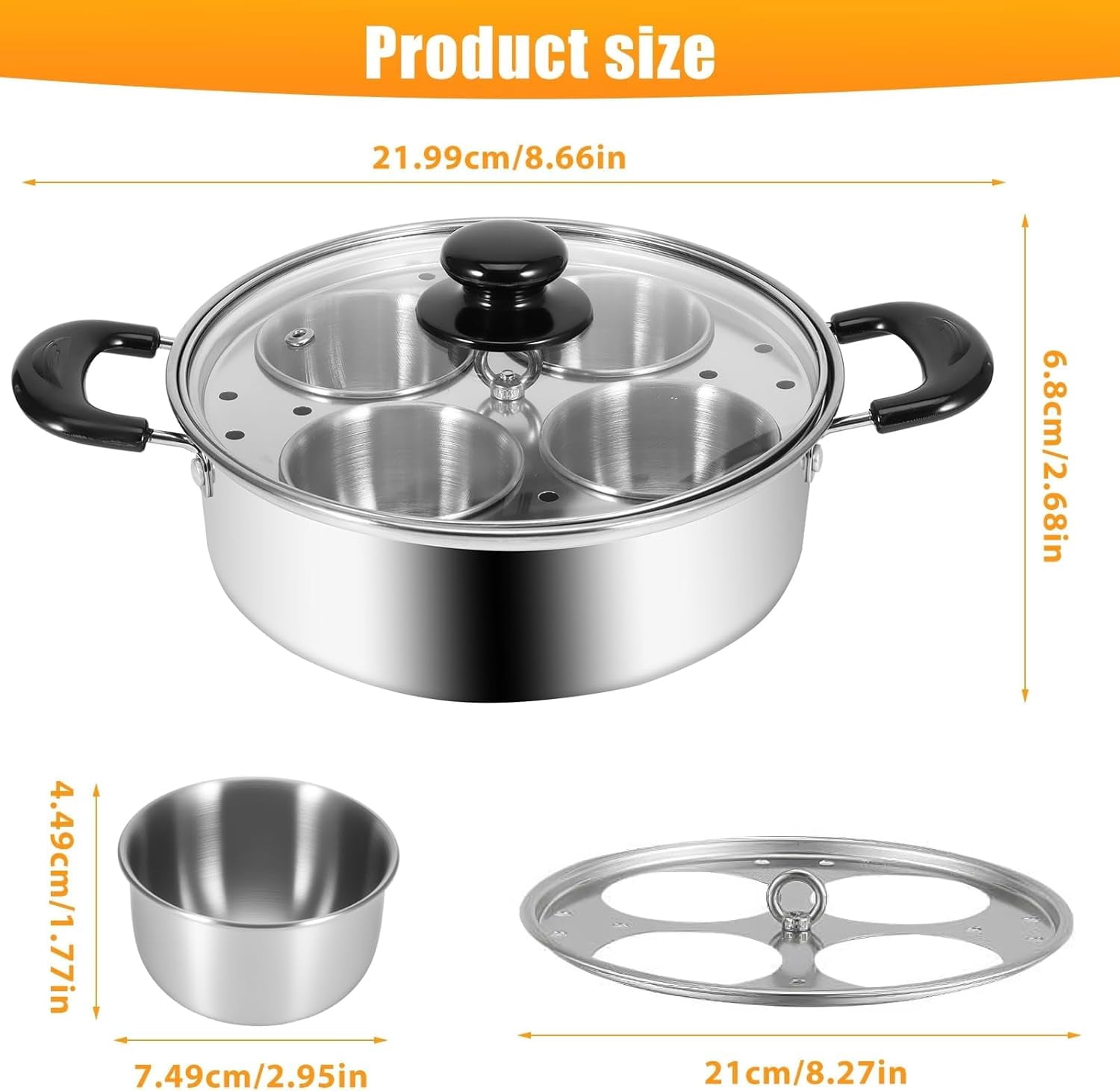 Egg Poacher, Stainless Steel Steamer with 4 Cups Poached Egg Maker, Induction Cooktop Steaming Pot for Steamed Eggs, Poached Eggs, Soups, Baby Supplements, Uncoated Non-Stick Pan