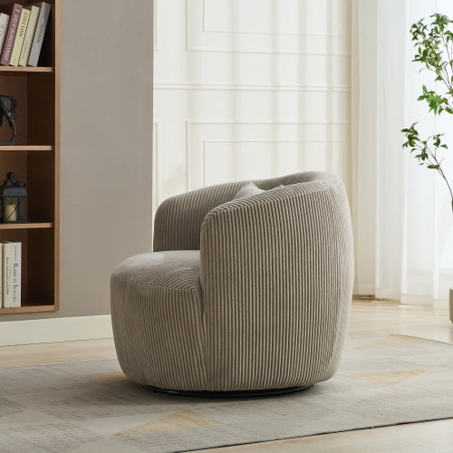 BSHTI 34.25" Wide Upholstered Corduroy 360°Swivel Barrel Soft Accent Chair with Pillow,Circular Reading Armchair for Living Room,Bedroom,Office,Lounge,Light Gray