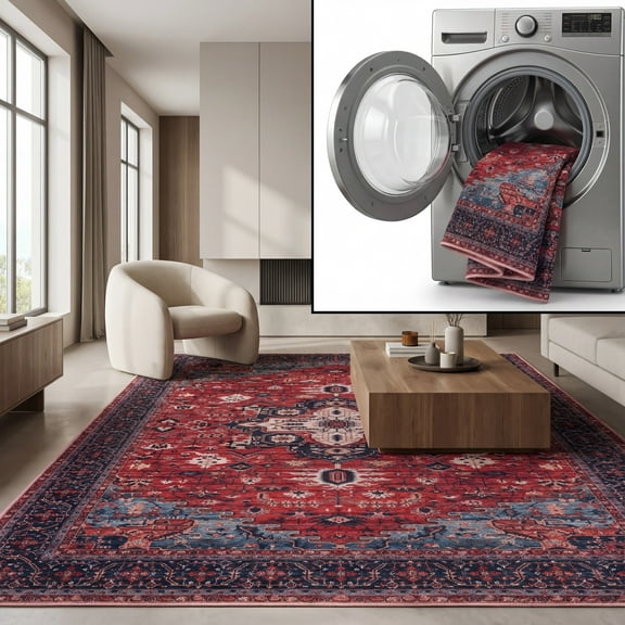 SAFAVIEH Serapi Raschelle Oriental Machine Washable Area Rug, Red/Navy, 4' x 6'