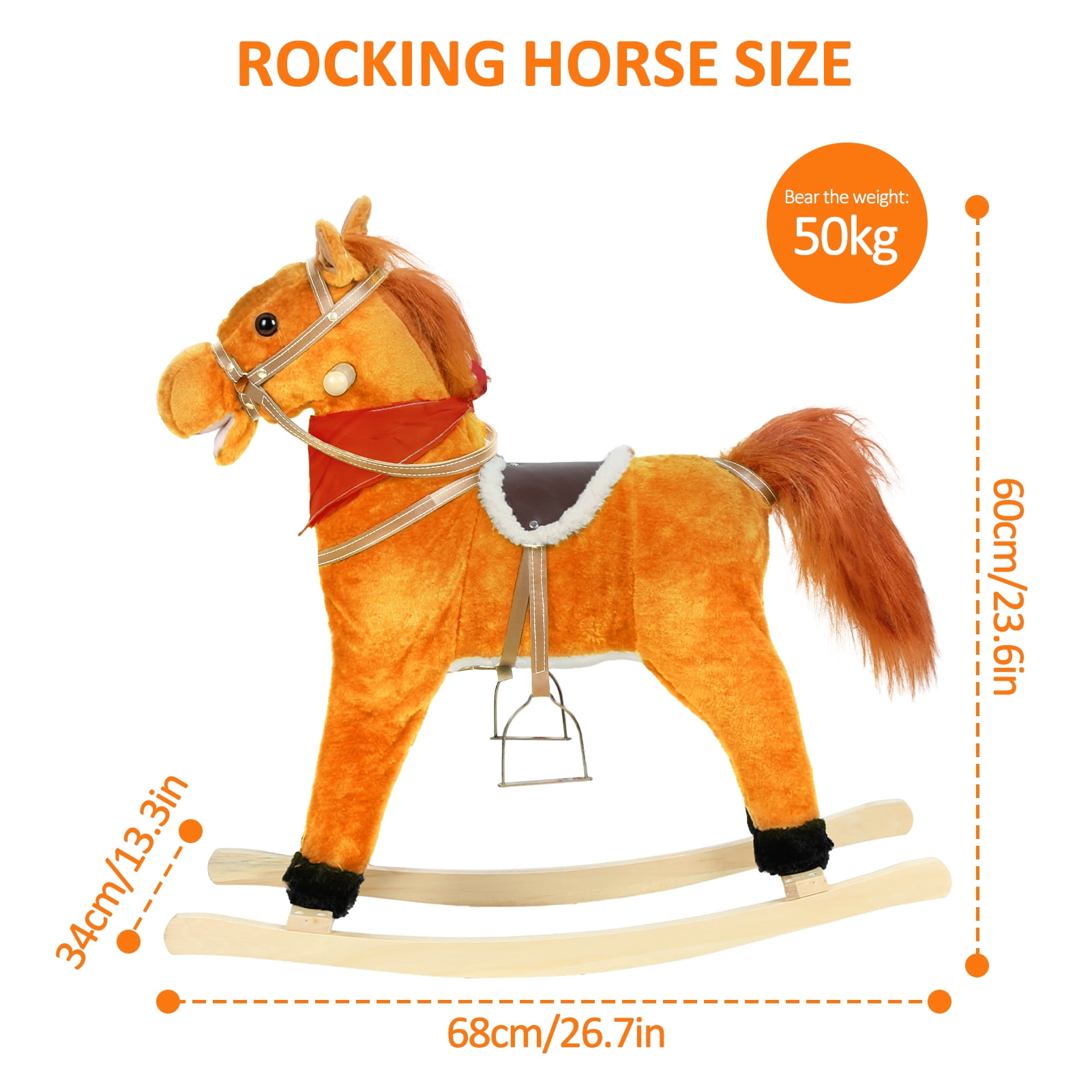 Rocking Horse Toy for Kids, Plush Ride on Animal with Wooden Rockers, Moving Mouth And Wagging Tail, Musical Sounds, Baby Rocking Chair, 50kg Weight Capacity, Ages 1-6
