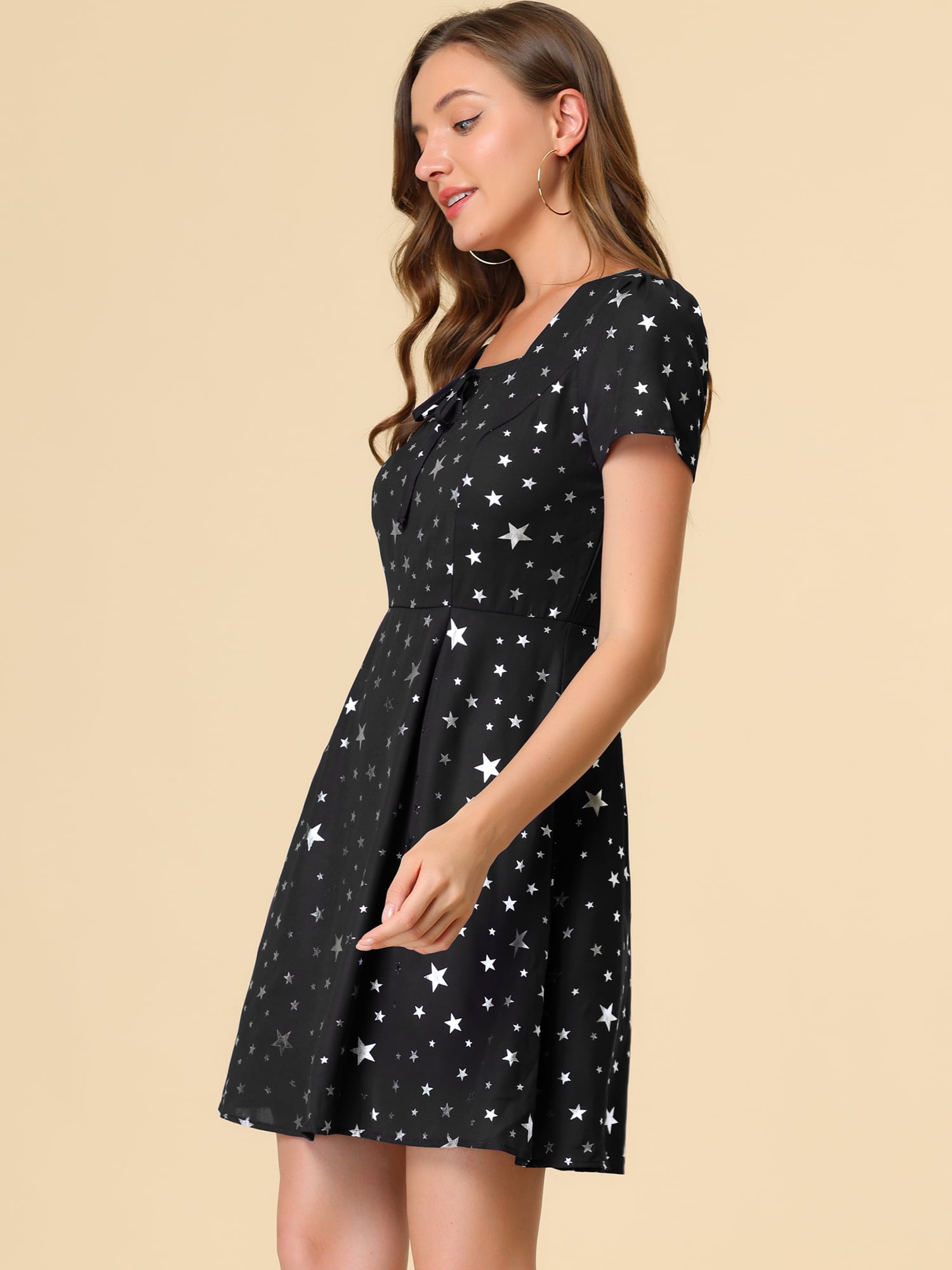 DARING DIVA Square Neck Short Sleeve Print A-Line Dress S Black-Stars