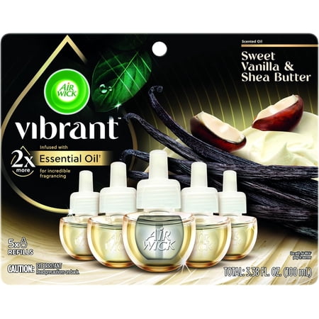 Vibrant Plug In Scented Oil Refill, Infused with Essential Oils, Plug In Air Fresheners for Home, Sweet Vanilla & Shea Butter, 5 ct