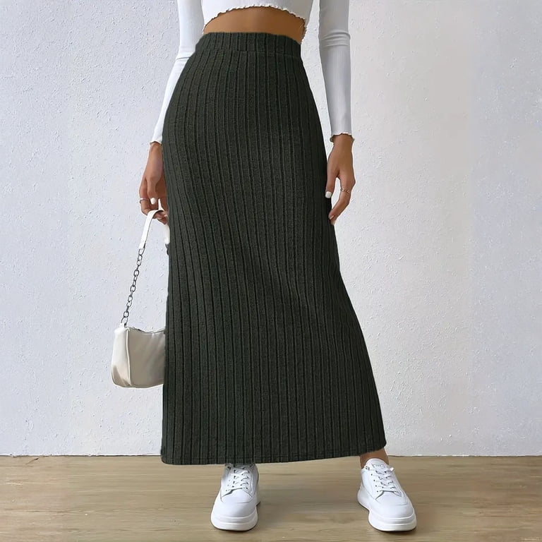 Women's Side Slit Skirts Ribbed Knit Bodycon High Waisted Casual