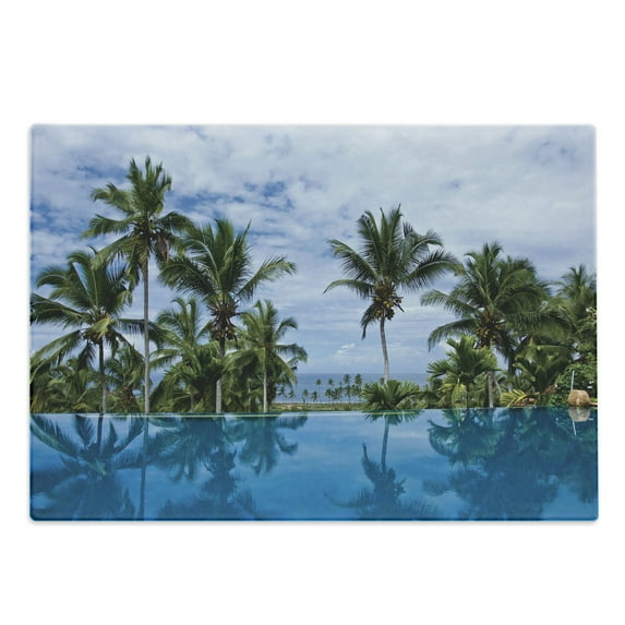 Landscape Cutting Board, Infinity Pool with Palms Reflections and Crystal Water Tropic Resort Photo, Decorative Tempered Glass Cutting and Serving Board, Large Size, Blue Green White, by Ambesonne