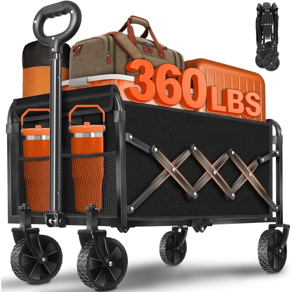 Wagons Cart Foldable with Wheels Collapsible: 360LBS Portable Heavy Duty Folding Grocery Wagon Cart for Shopping Camping - All Terrain Rolling Utility Wagon for Groceries Outdoor Sports