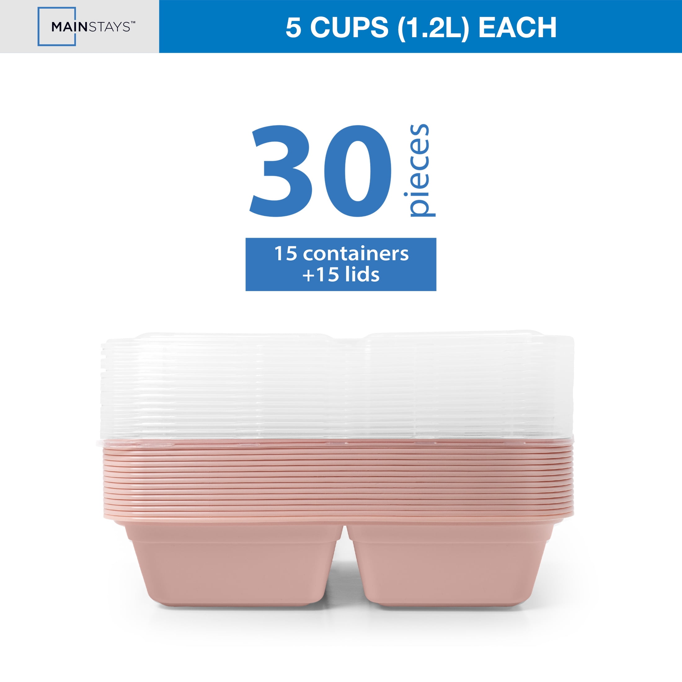 Mainstays 15-Pack 3-Compartment BPA-Free Plastic Meal Prep Food Storage Containers, 0.9L, Pink Blush