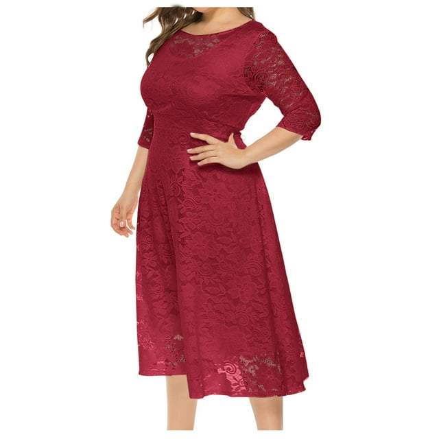 Soldes d'Hiver 2022! Juebong Robe Grande Taille pour Femmes Dentelle Manches 3/4 Élégante Robes de Cocktail