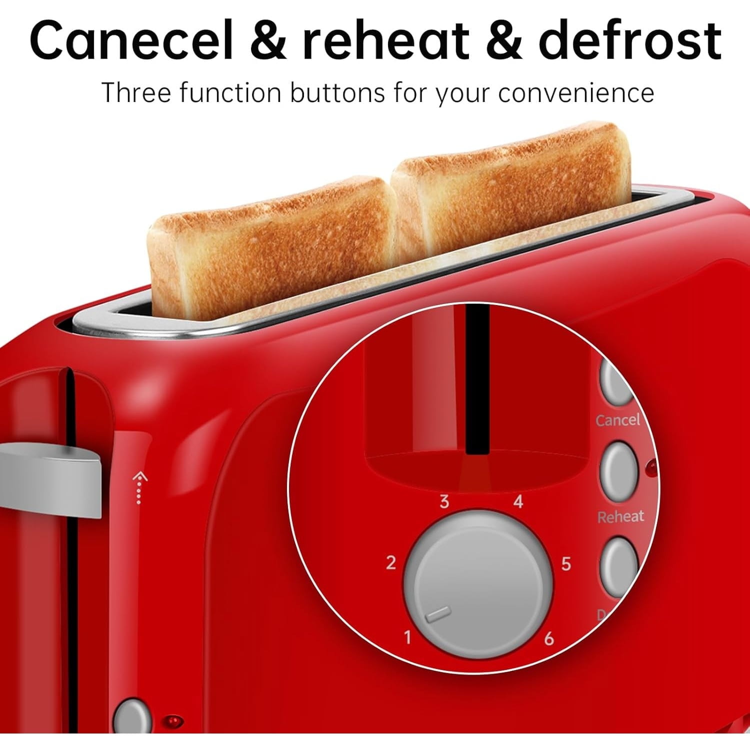 2-Slice Slim Toaster, 6 Shade Settings with Cancel, Reheat & Defrost, 10" Long Slot, Auto Shut off, Removable Crumb Tray, Red