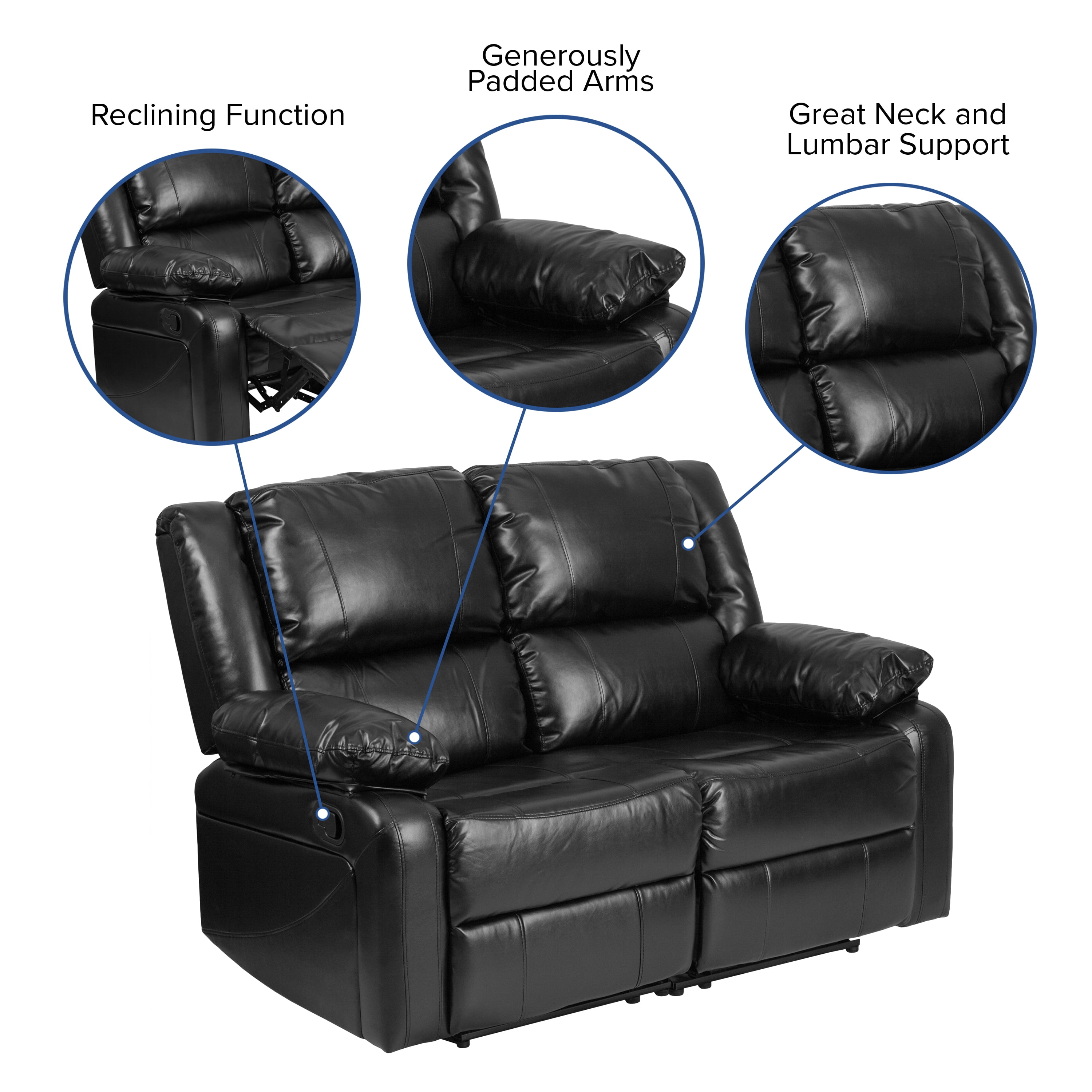 Emma + Oliver Black LeatherSoft Loveseat with Two Built-In Recliners