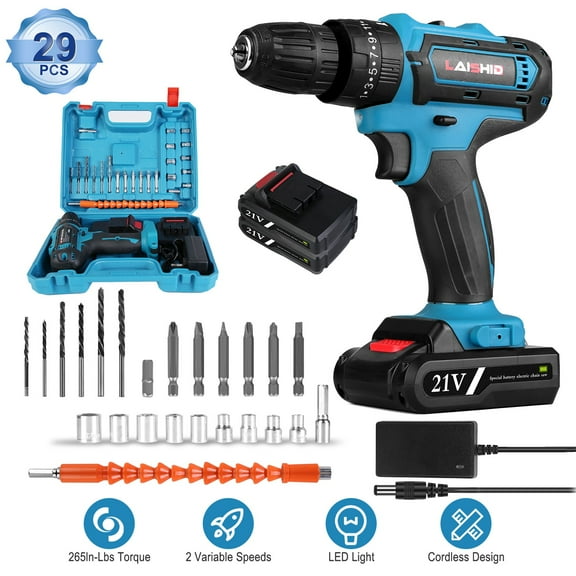 Moclever Cordless Power Drill, Cordless Drill Set with 2Pcs 21V Batteries and Charger 3/8in Keyless Chuck 265in-lbs 25 3 Torque Positions for Home Car Repair Handmade, Blue