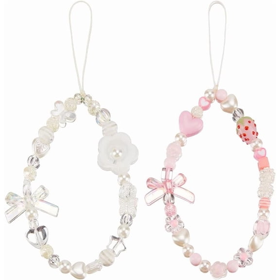 2Pcs 2 Style Resin Beaded Mobile Phone Lanyard Wrist Strap Cute Phone Charm Bowknot Phone Anti-Lost Chain for Women Girls Mixed Color 19.3~21.5cm 1pc/style