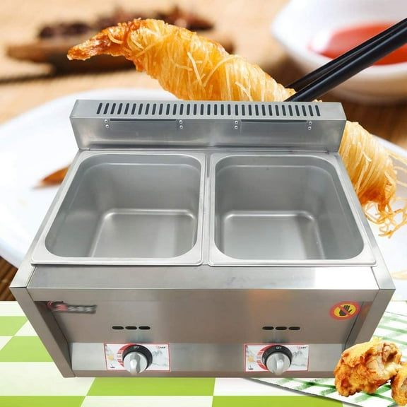 FETCOI 2-Pan Commercial Steam Table Food Warmer Countertop Gas Fryer Kitchen Equipment Steamer 6L Pot