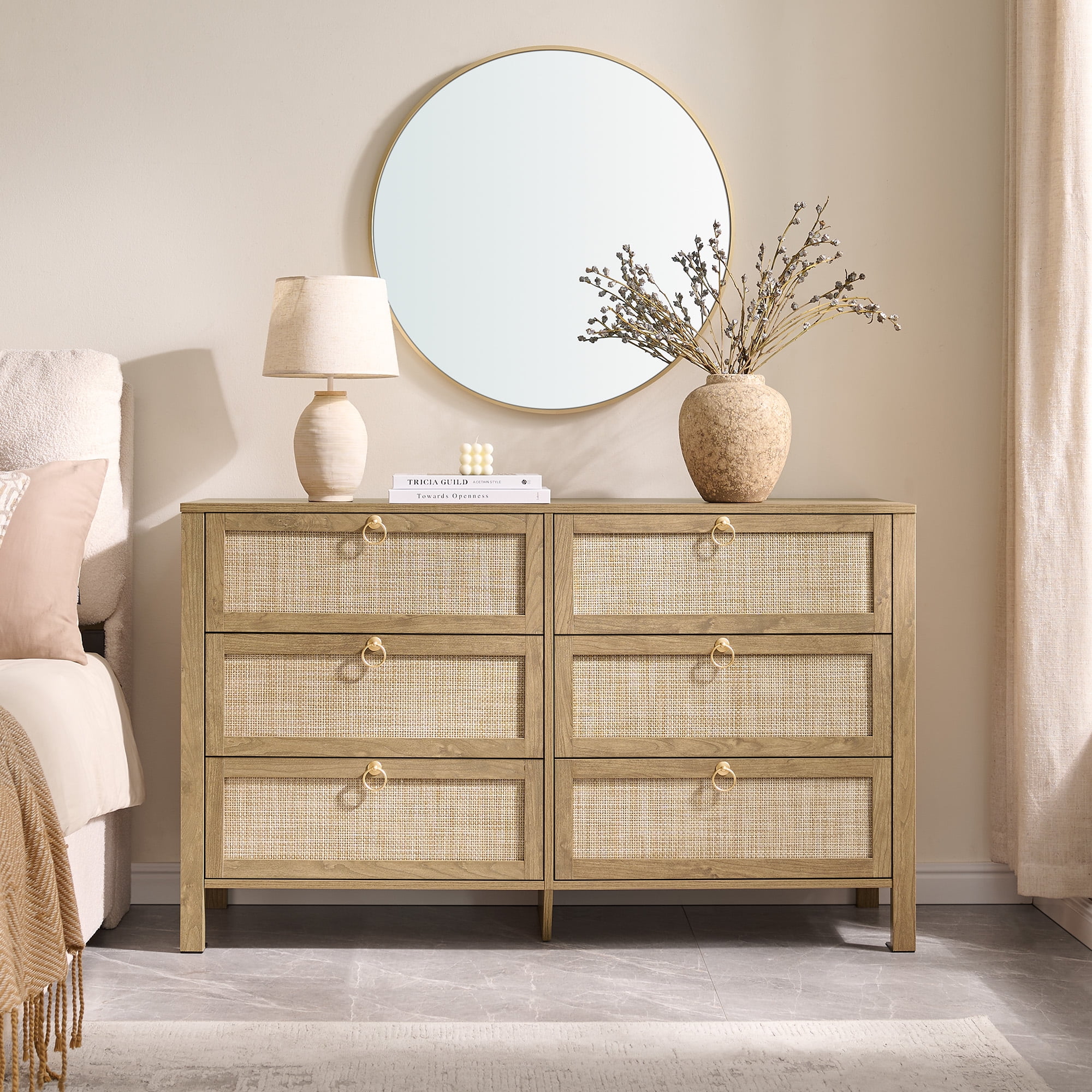 SICOTAS 51.14" Wide 6-Drawer Rattan Dresser Set of 2, Long Boho Chest of Drawers with Gold Handle for Bedroom, Coastal Bedroom Furniture in Cherry Oak