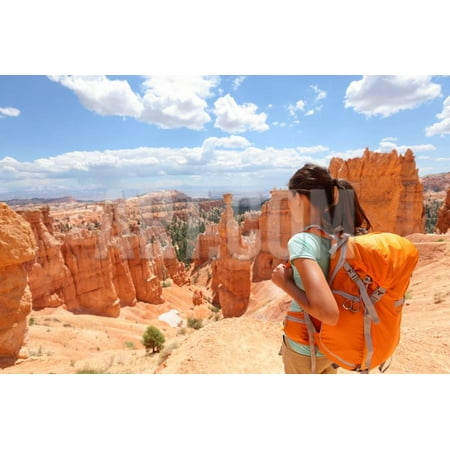 Hiker Woman in Bryce Canyon Hiking Looking and Enjoying View during Her Hike Wearing Hikers Backpac Print Wall Art By (Best Hikes In Bryce Canyon)