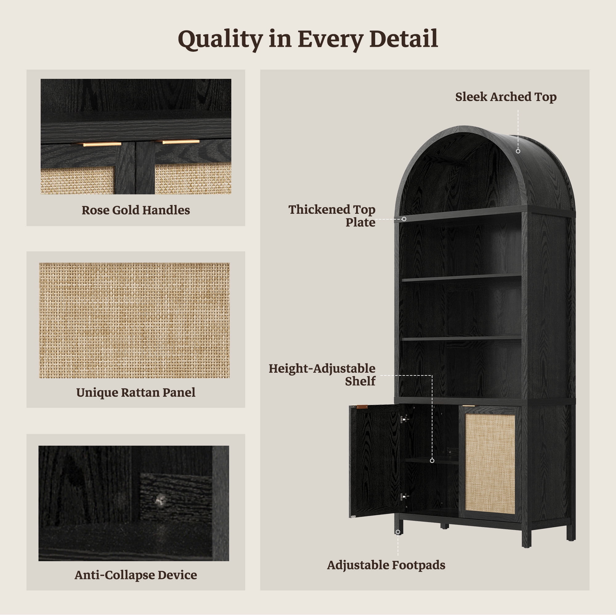 SICOTAS 84.2"H Tall Rattan Arched Pantry Cabinet with Adjustable Shelves, Oversized Boho Farmhouse Floor Storage Organizer for Kitchen, Dining Room & Home Decor,Black Oak