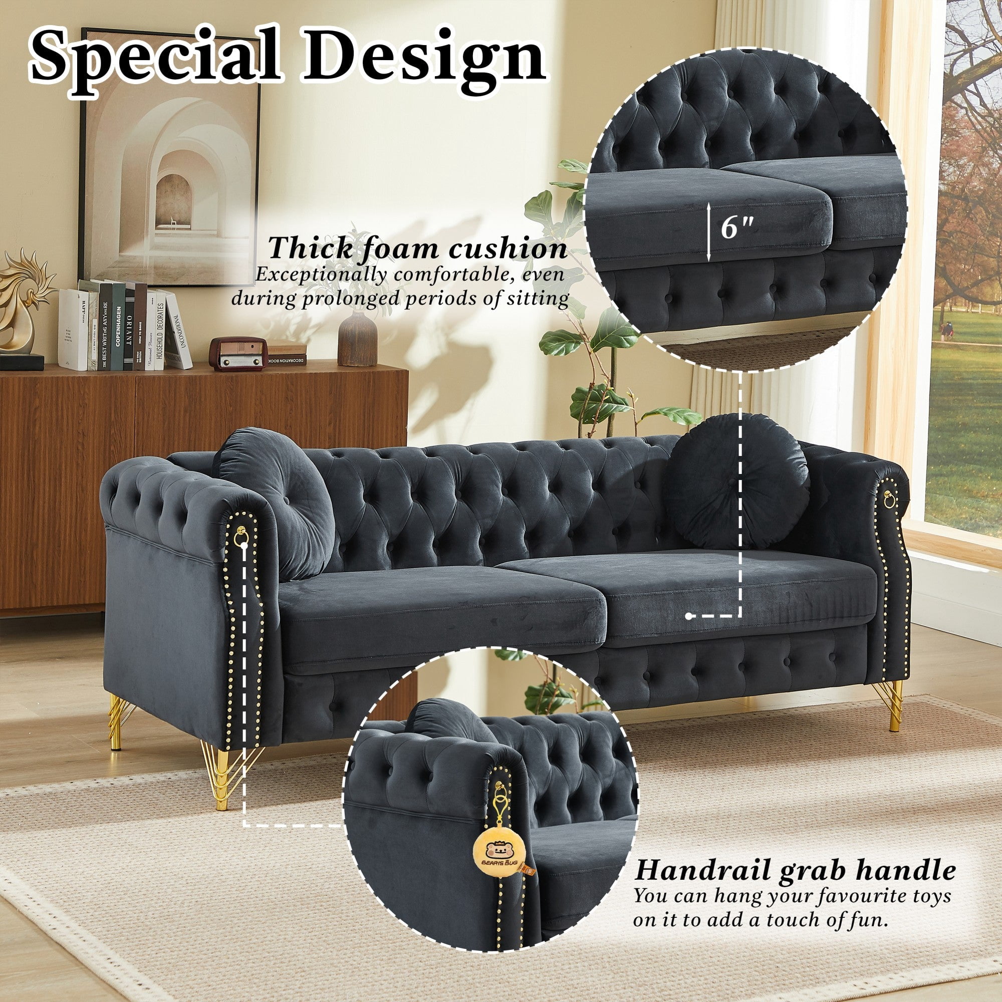 Sailvan 82" Velvet Chesterfield Sofa, Tufted 3-Seater Couch with Gold Metal Legs & Copper Studs, Luxury Living Room Furniture Black