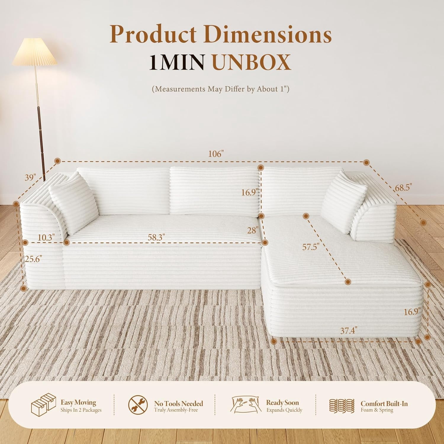 Neche 106" Modular Sectional Sofa with Chaise, Deep Seat Comfy Cloud Couch Corduroy L Shaped Sofa Sectional Couches for Living Room Bedroom, No Assembly Required (Beige, Right-Facing Chaise)