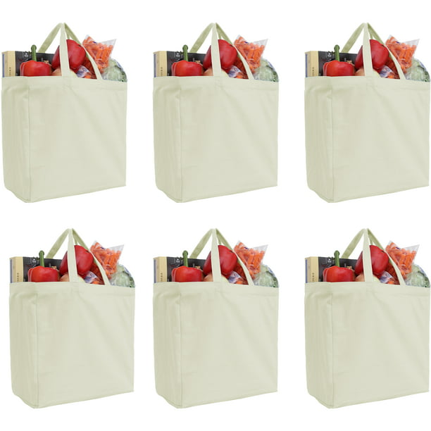 Reusable Heavy Duty 100% Cotton Canvas Grocery Bags | Pack of 6 | With ...