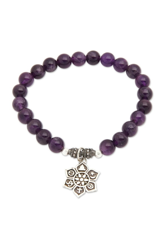 Amethyst beaded charm bracelet, 'Unity Flower'