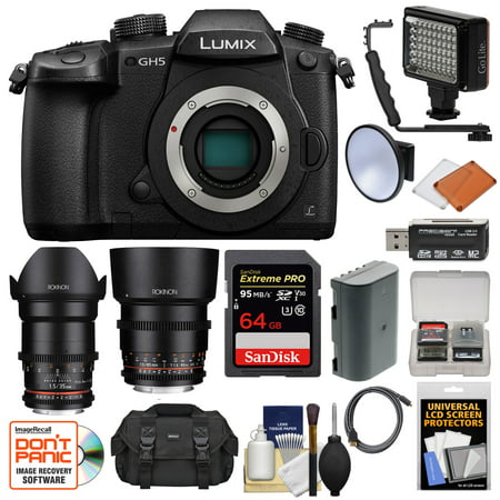 Panasonic Lumix DC-GH5 Wi-Fi 4K Digital Camera Body with 35mm + 85mm T/1.5 Lenses + 64GB Card + Case + Video Light + Battery