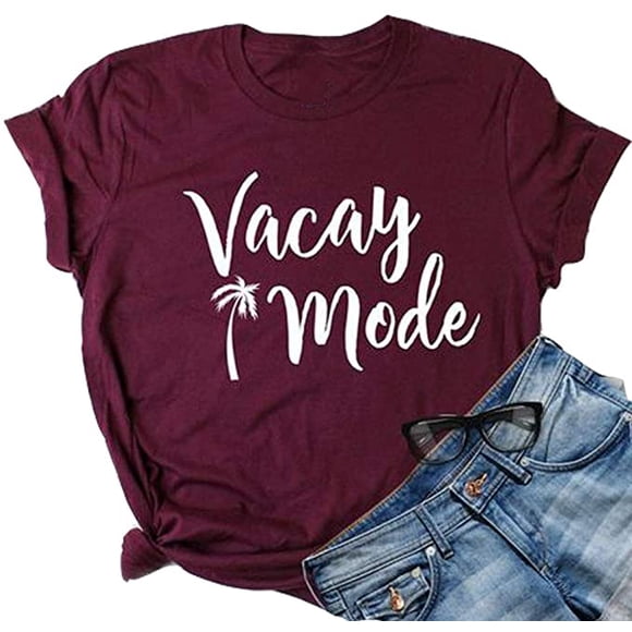 YourTops Women Vacay Mode T-Shirt Graphic T-Shirt Casual Vacay Mode Shirt Vacation Shirt (US S, 3-Wine Red)