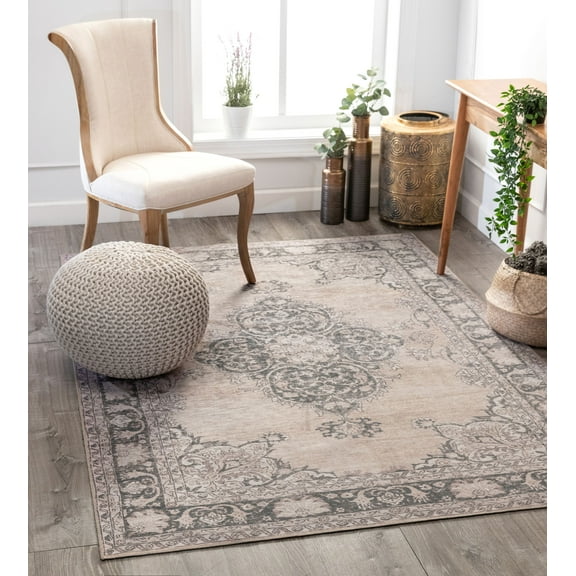 Well Woven Mareva Machine Washable Beige Vintage Oriental Medallion Area Rug