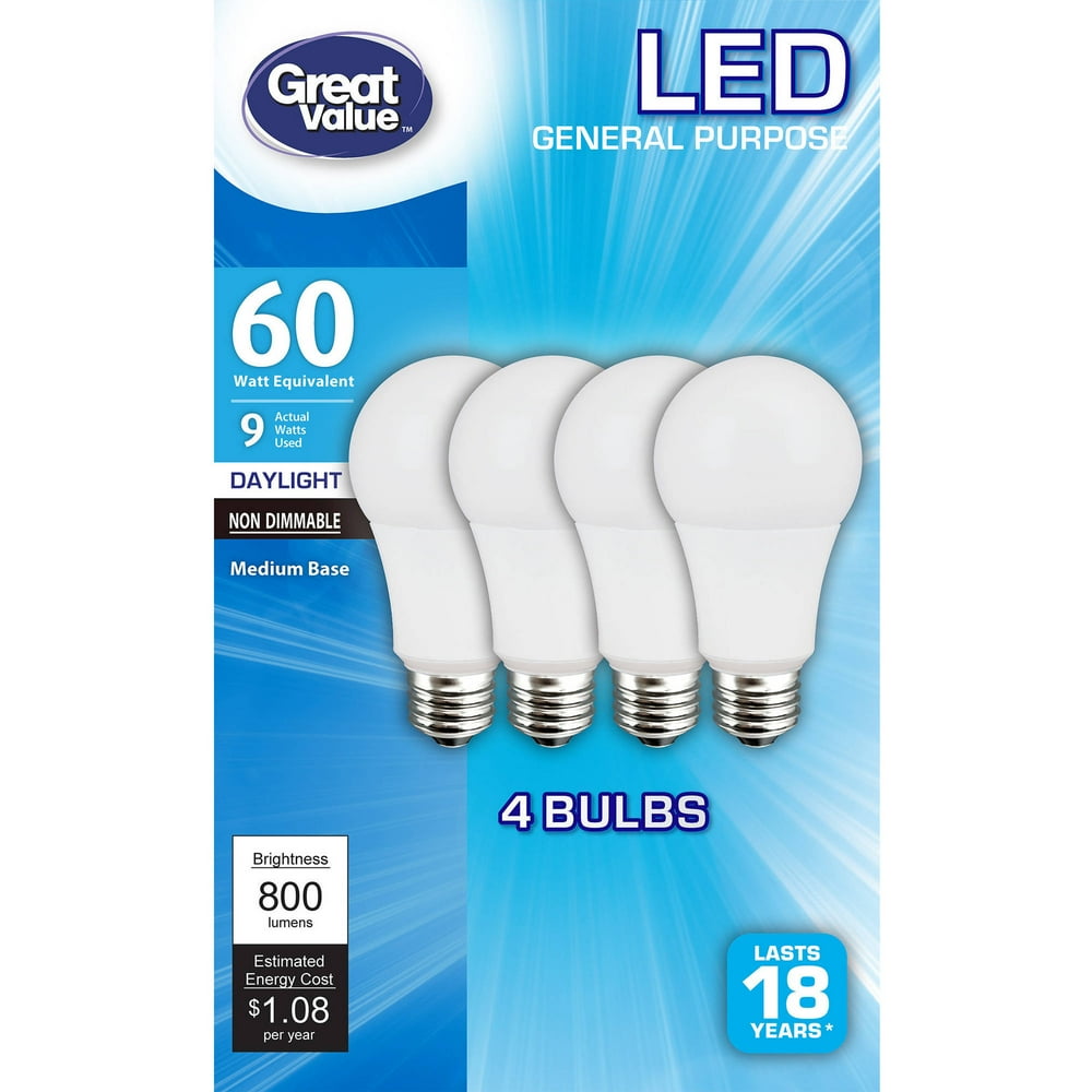 Great Value LED Light Bulbs, 9W (60W Equivalent), Daylight, 4count