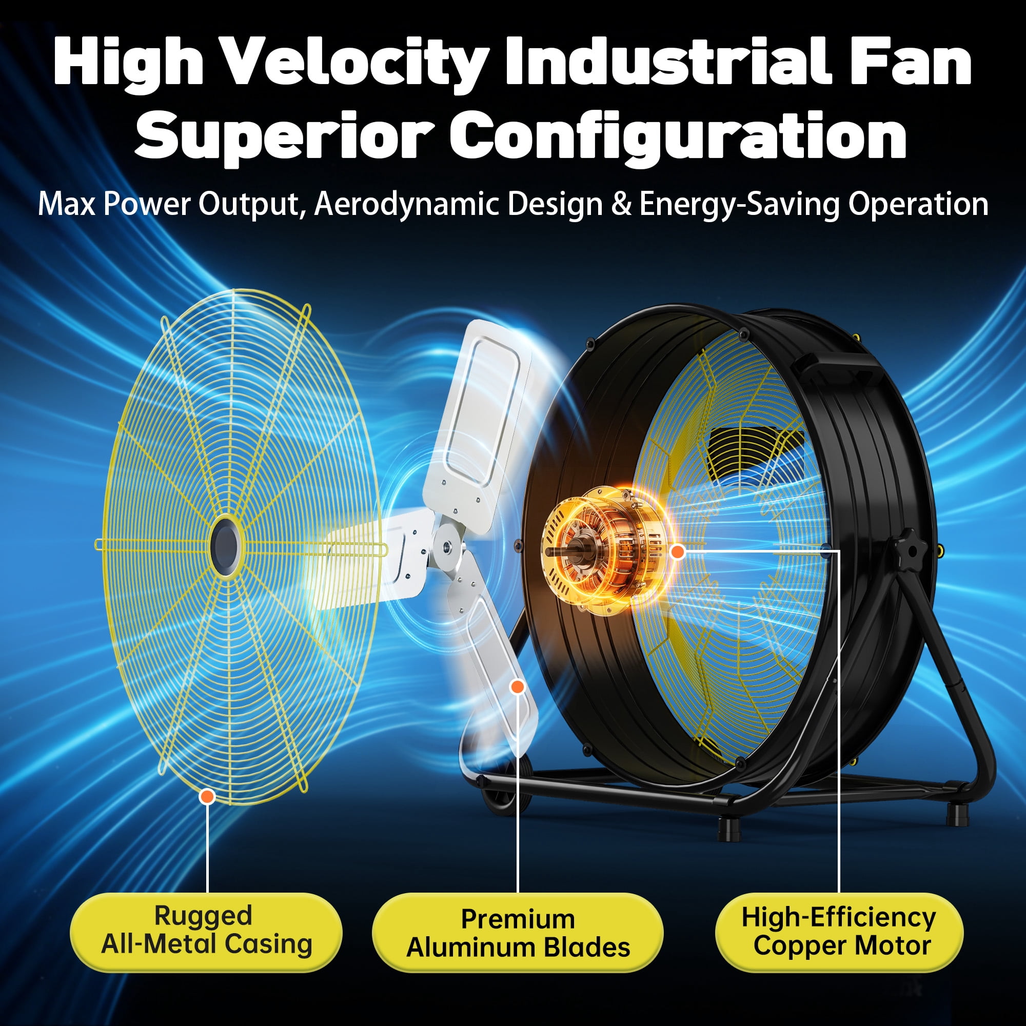 Nepsam 24" Industrial Drum Fan, 3 Speed Air Circulator w/180°Tilt, With Metal Wheels, for Commercial, Factory and Garage，Black