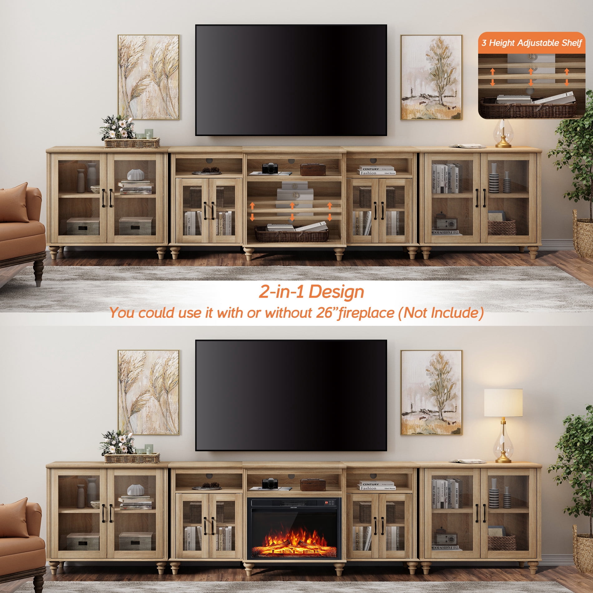 Farmhouse Large TV Stand for TVs Up to 115 inch with Glass Doors, Wood Universal TV Console with Storage Cabinets, Entertainment Center Table for Living Room, Bedroom, Oak