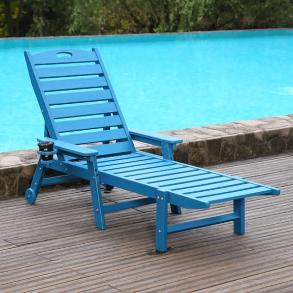 72" HDPE Chaise Lounge Chair Outdoor, 4-Position Adjustable Backrest Pool Chair with Wheels and Cup Holder for Patio Beach Backyard, Navy Blue
