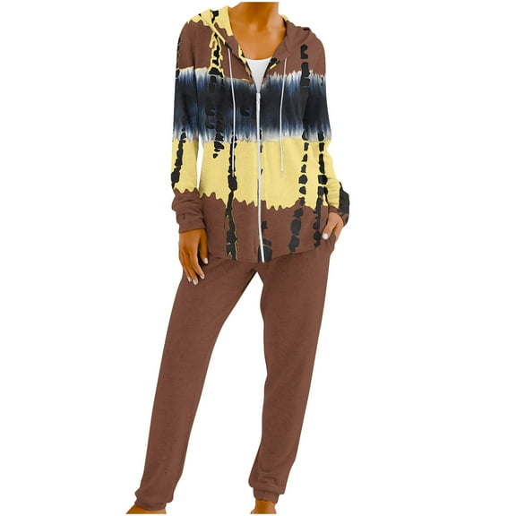 Two Piece Sets for Women Drawstring Sweatsuits Zip Up Hoodie and Sweatpants Print Hooded Top Pants Tracksuits (Brown L)