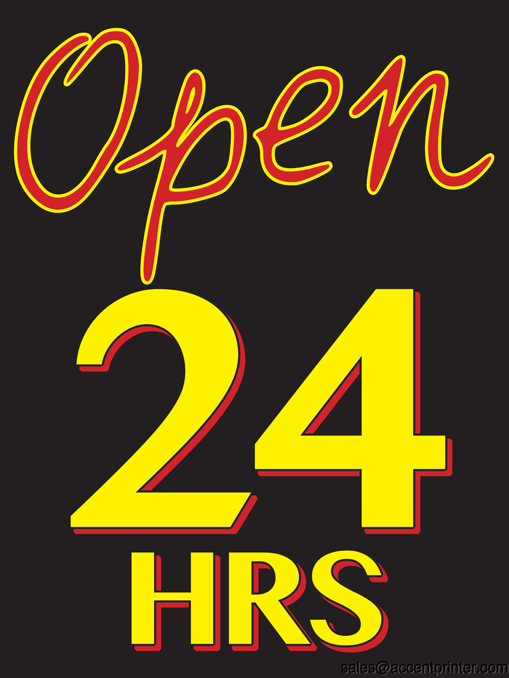 Open 24 Hrs Retail Display Sign, 18"w x 24"h, Full Color
