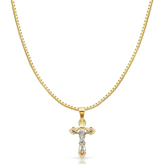 14K Two Tone Solid Gold Jesus Crucifix Cross Religious Charm Pendant with 1.2mm Box Chain Necklace - 16"